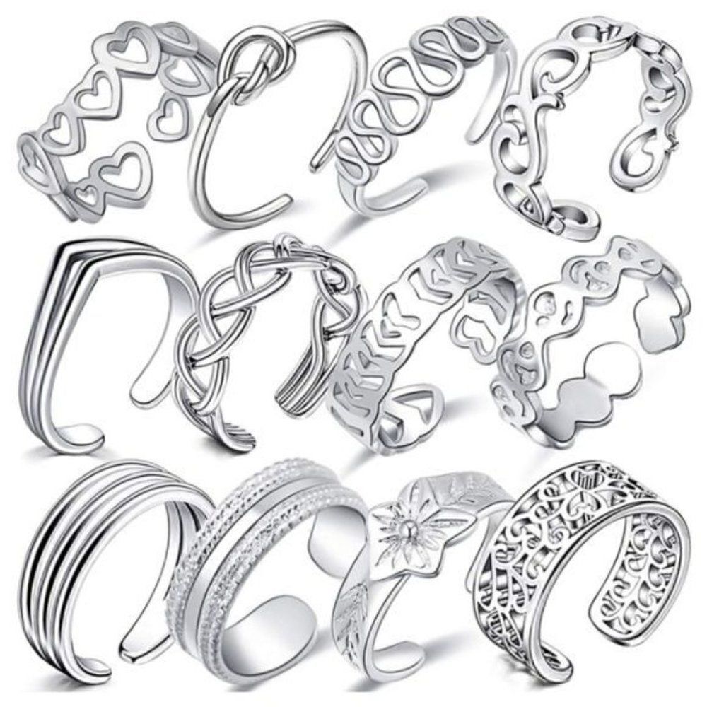 Silver Adjustable Boho Open Toe Rings - Set of 12